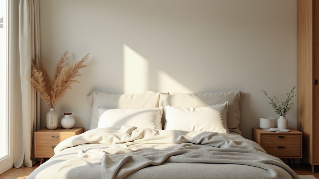 A peaceful bedroom with soft lighting, an inviting bed, and elements that signal calm and restfulness, illustrating the concept of good sleep quality