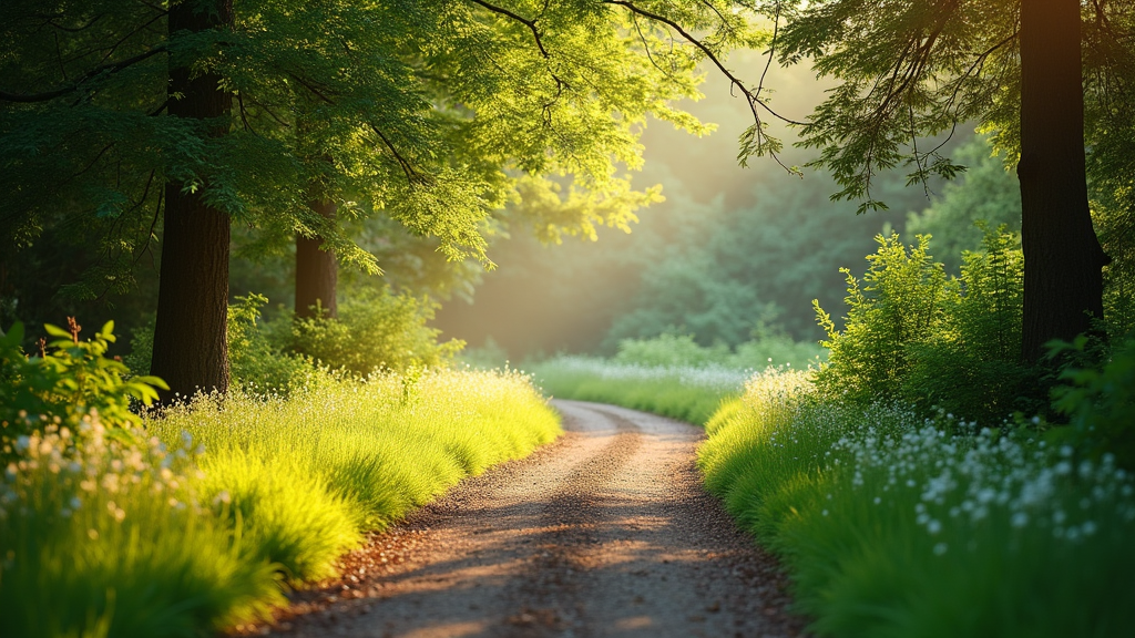 A peaceful path winding through a green park, surrounded by soft morning light and gentle plant life, conveying a sense of tranquility, hope, and renewal.