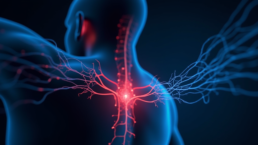 An abstract scientific illustration showing nerve signals, colored in blue and red, representing pain sensation.