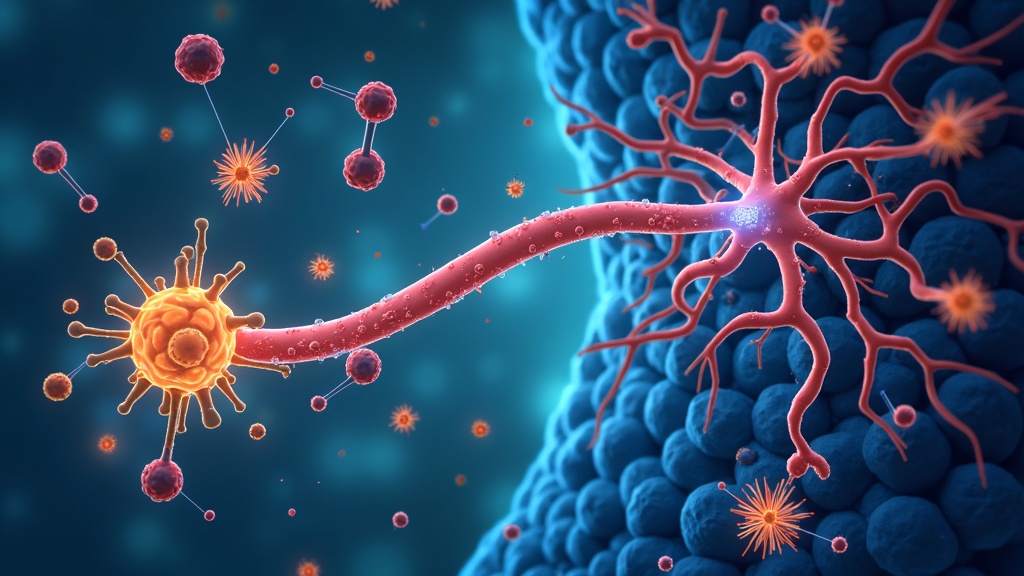 A colorful illustration showing molecules and nerve pathways representing the interaction of hormones and pain signals.