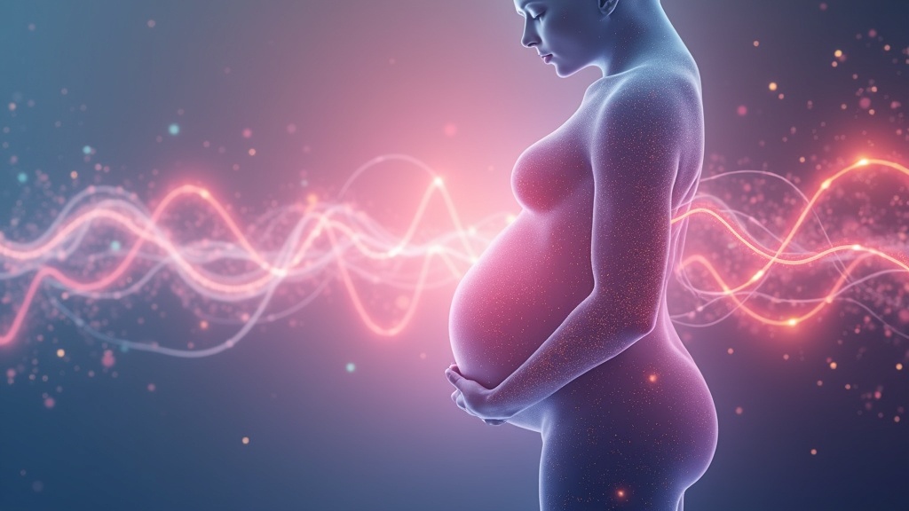 Abstract illustration of a growing fetus inside a womb, surrounded by colorful waves representing changing hormonal and nervous system signals.