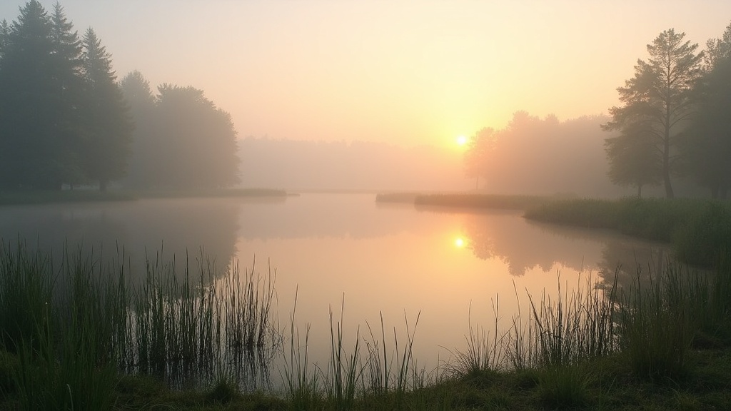 A peaceful nature scene with a water reflection and mist, evoking calm and focus