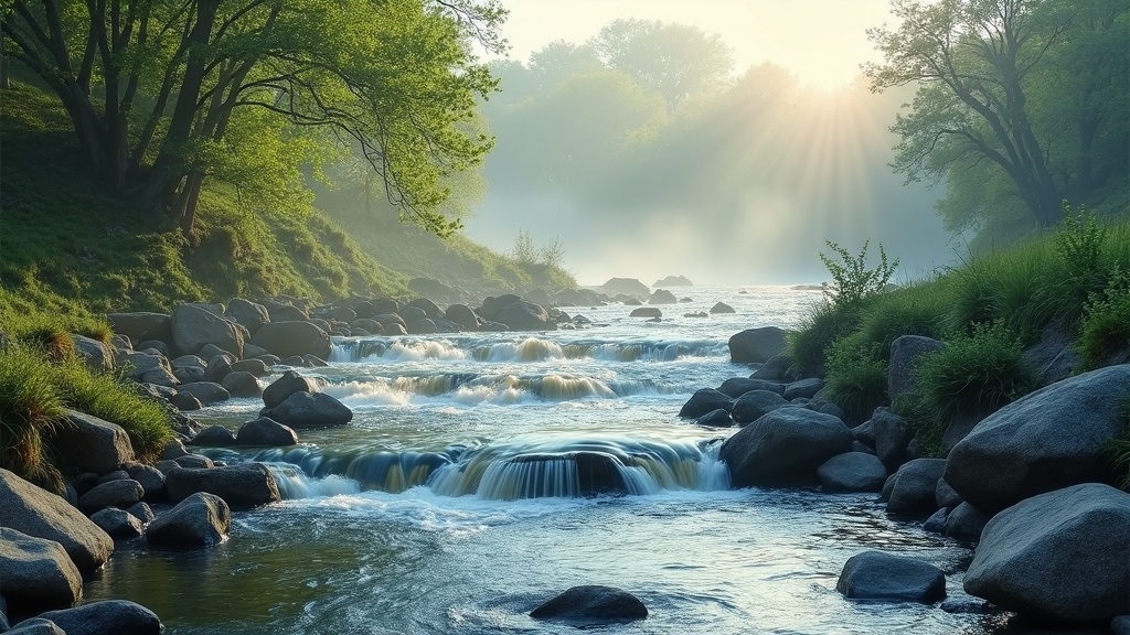 Peaceful natural landscape with flowing water and stones, gentle mist, and soft sunlight. No humans or text.